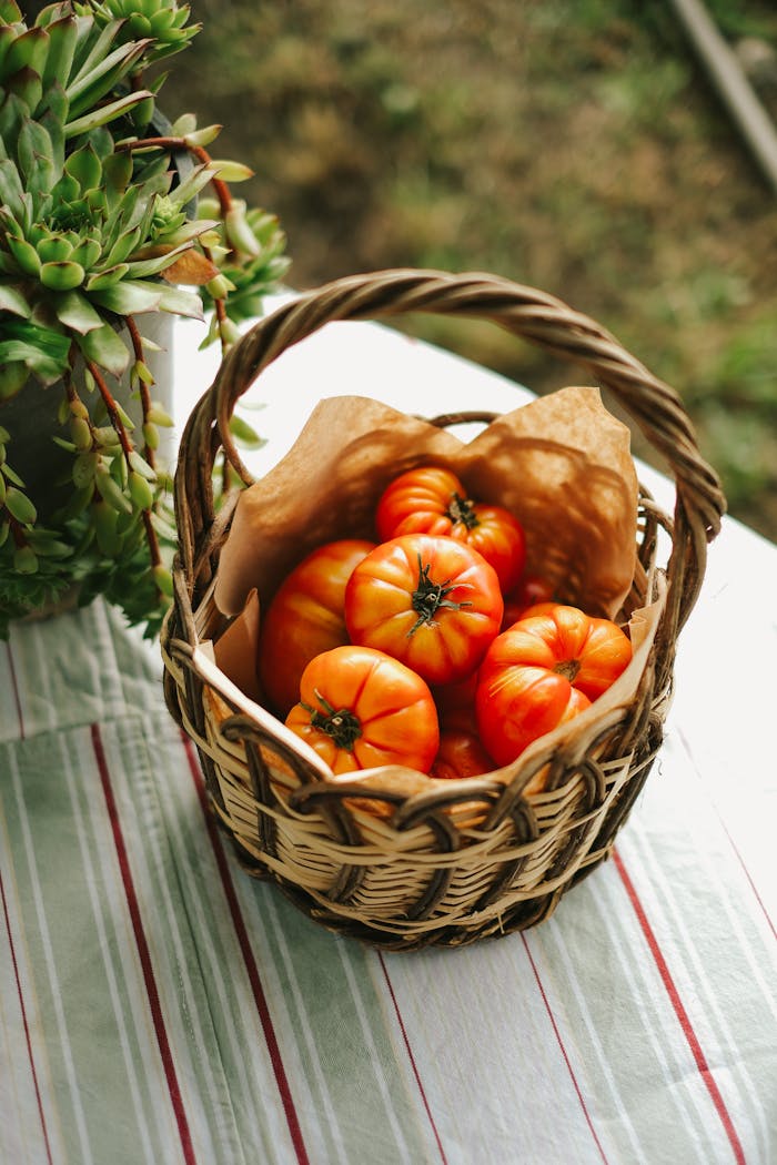 Fresh red tomatoes in a wicker basket on a striped tablecloth, adding a rustic touch.